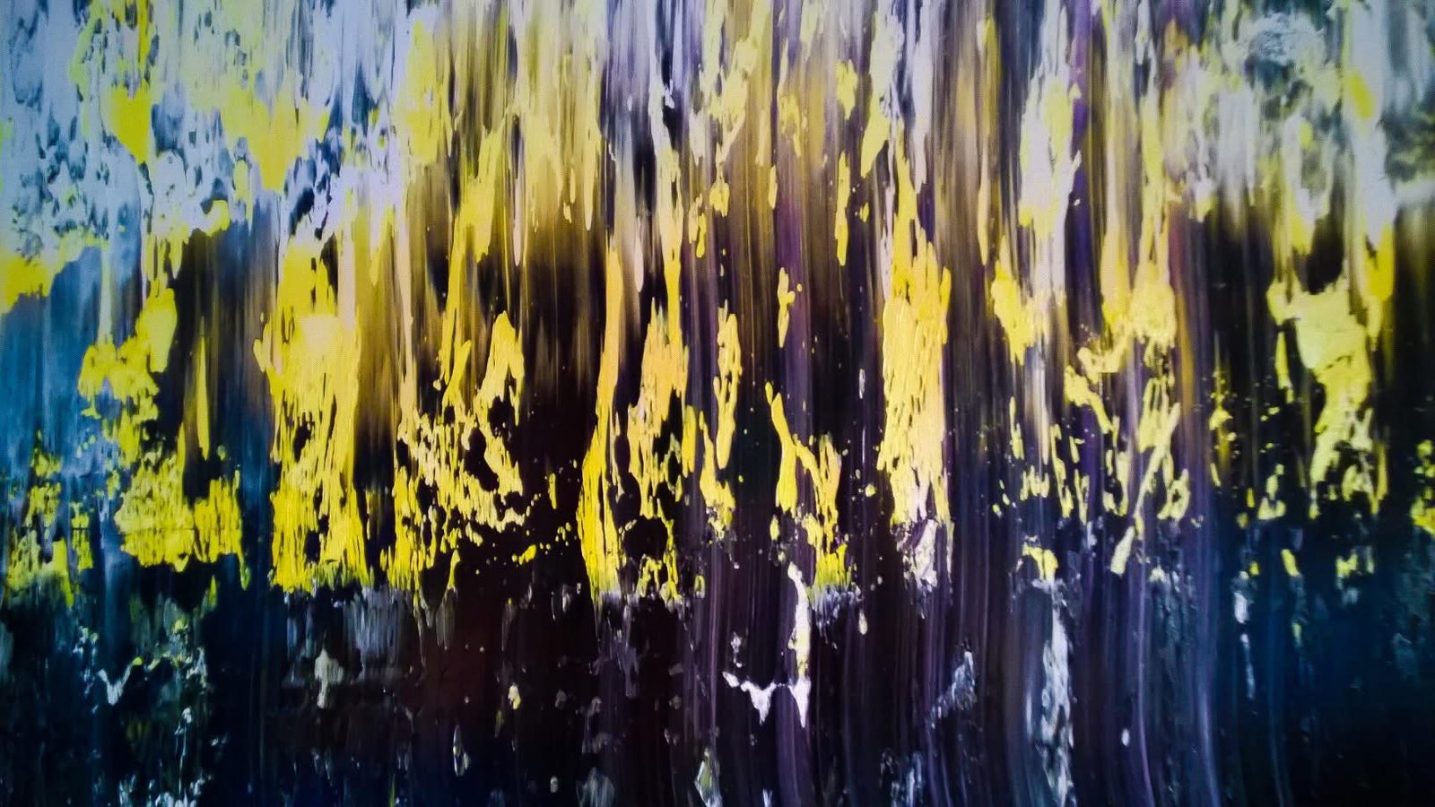 Abstract oil painting with yellow, black and blue drips