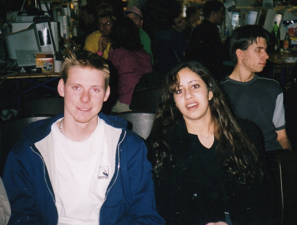 Jessica at The Party demo event in Denmark, 1999, with CRT monitors in the background